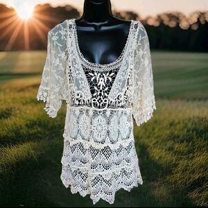Pretty Angel Crochet Ladies Small Cream Bohemian Lace Blouse Overlay